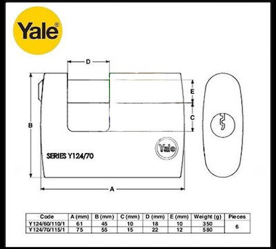 Yale Boron Υ124 Padlock Monoblock with Key Security Padlock 75mm 1pcs