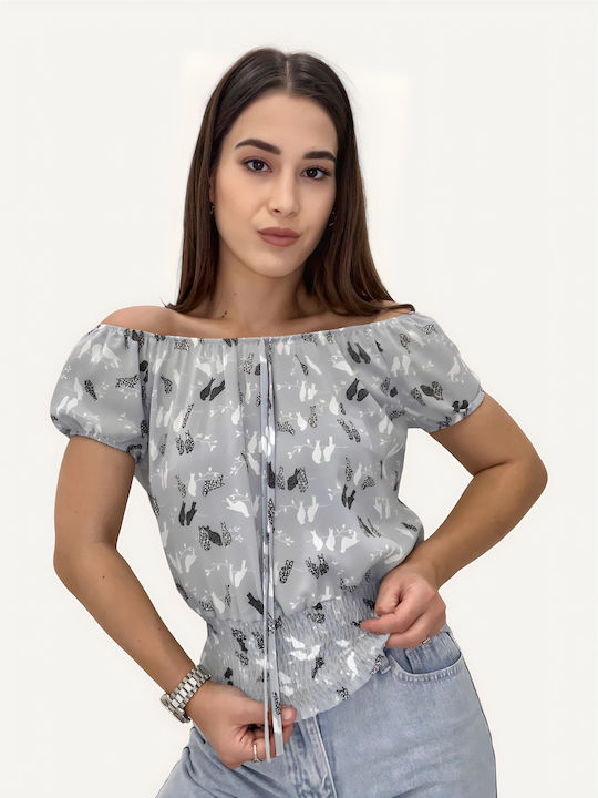 Γυναικεία Καλοκαιρινή Μπλούζα Off-Shoulder Κοντομάνικη Γαλάζια