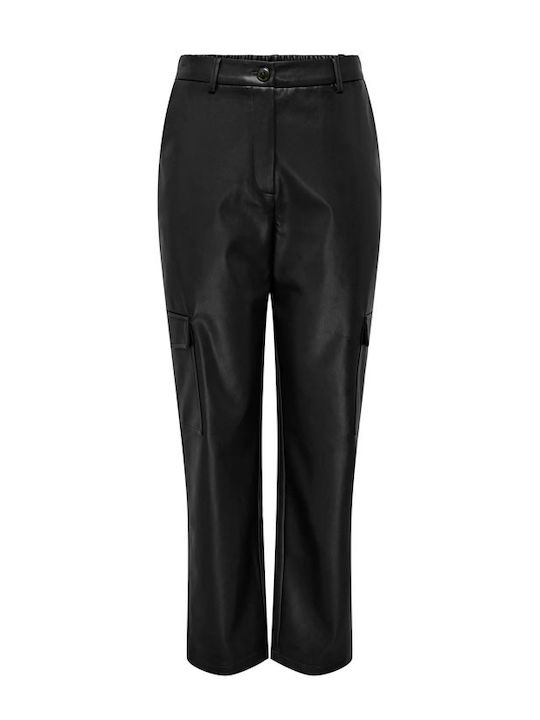 Only Damen Leder Cargo Hose in Entspannter Passform Schwarz