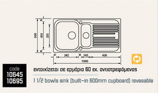 Sanitec Drop-In Sink Left Inox Satin W100xD50cm Silver