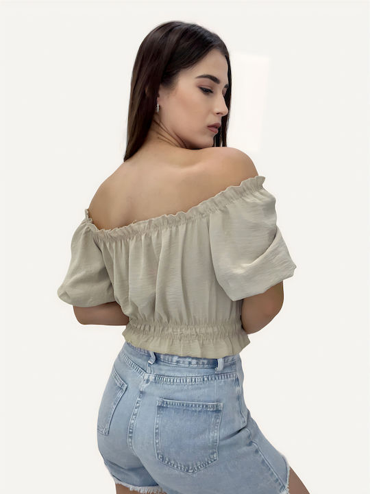 Sateen pentru Femei de Vară Crop Top Bluză cu umerii goi cu Mâneci Scurte Bej