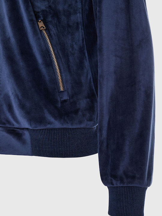 Long Women's Sweatshirt Jacket Velvet Hooded Blue