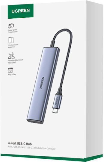 Ugreen CM473 USB Хъб с 4 USB 3.0 Порта и USB-C Интерфейс Сив