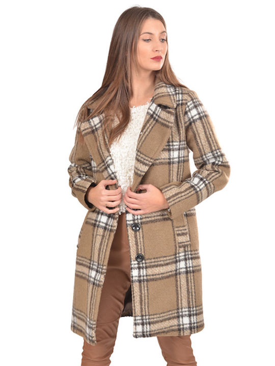 Tweet With Love Women's Checked Midi Coat with Buttons Brown