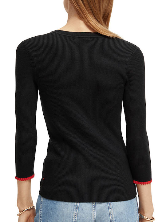 Scotch & Soda Women's Sweater with 3/4 Sleeve & V Neckline Black