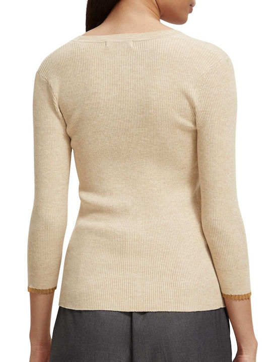 Scotch & Soda Damen Pullover mit 3/4-Ärmeln & V-Ausschnitt Beige