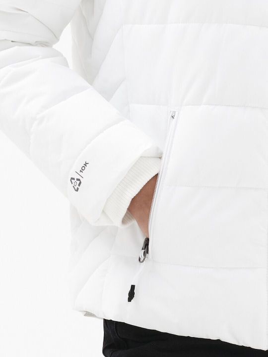 Women's Short Puffer Jacket Waterproof and Windproof for Winter with Detachable Hood White