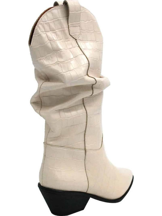 Leather Women's Cowboy Boots with Medium Heel White