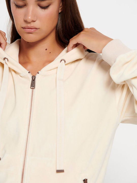 Long Women's Sweatshirt Jacket Velvet Hooded Beige