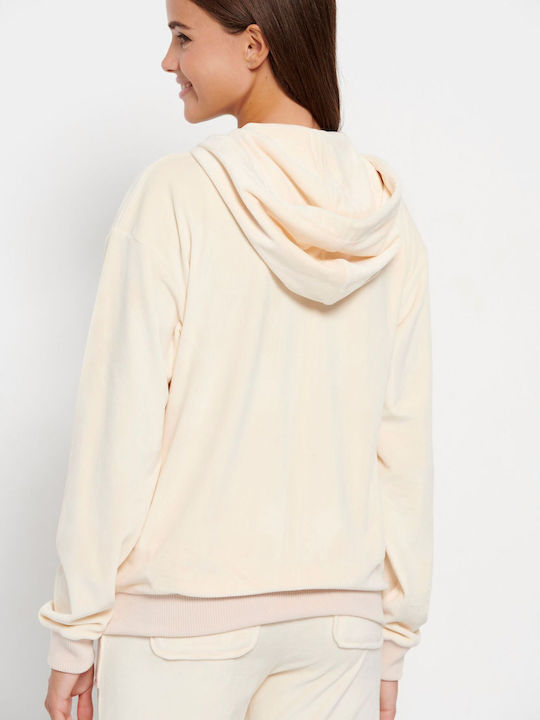 Long Women's Sweatshirt Jacket Velvet Hooded Beige