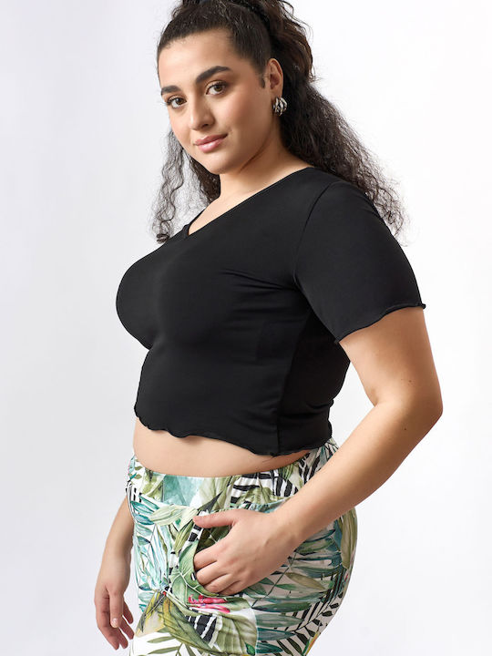 Jucita Women's Summer Crop Top Short Sleeve with V Neck Black