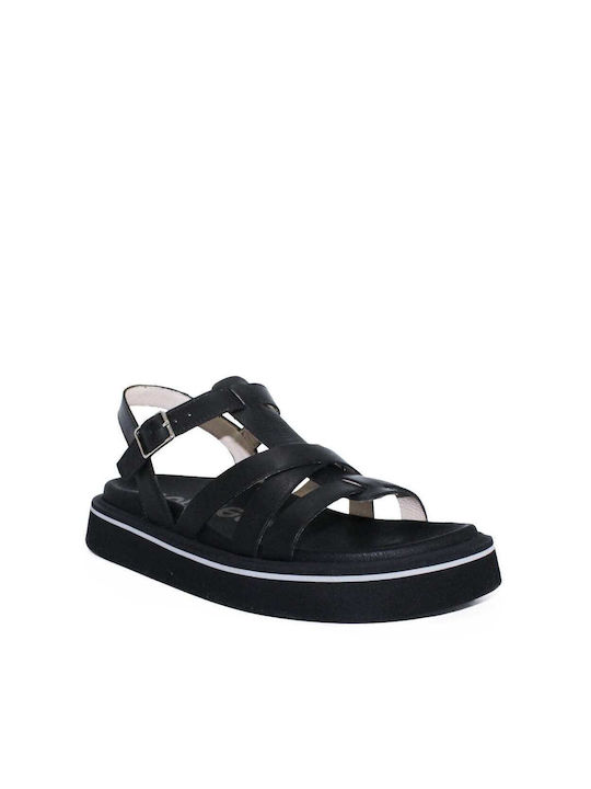 Wonders Leather Women's Flat Sandals in Black Color