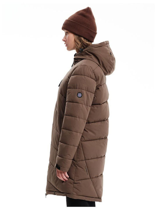 Women's Long Puffer Jacket for Spring or Autumn with Hood Brown