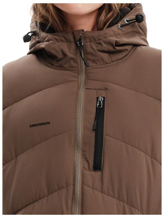 Women's Long Puffer Jacket for Spring or Autumn with Hood Brown