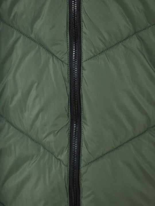 Women's Long Puffer Jacket for Winter with Hood Green