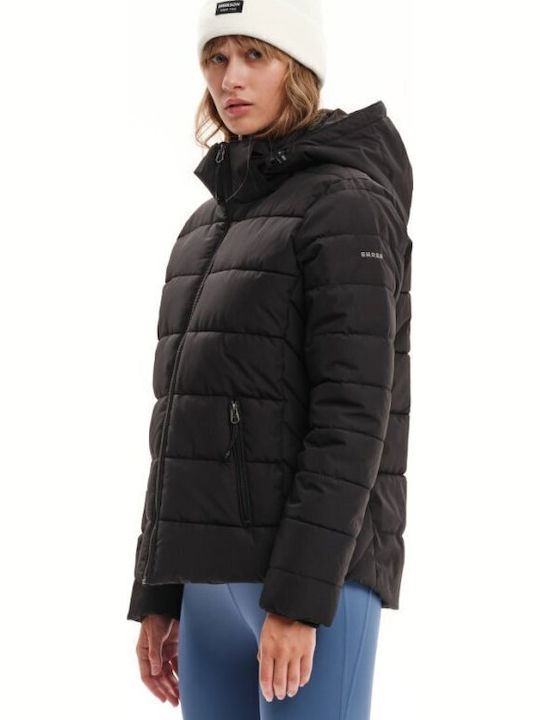 Women's Short Puffer Jacket Waterproof and Windproof for Winter with Detachable Hood Black