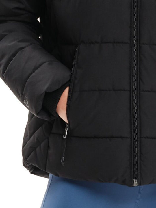 Women's Short Puffer Jacket Waterproof and Windproof for Winter with Detachable Hood Black