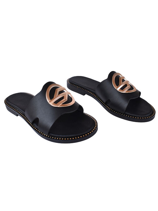 Philio Leather Women's Flat Sandals in Black Color