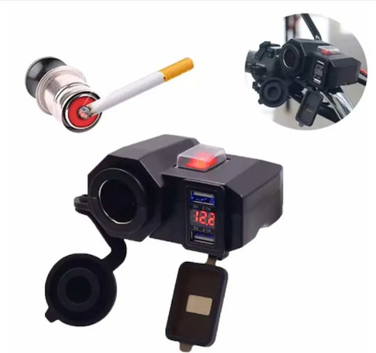 Waterproof Motorcycle Charger with Ports: 2xUSB & 1xLighter