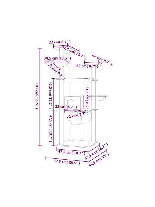 vidaXL Ονυχοδρόμιο Γατόδεντρο Γκρι 6 επιπέδων 72.5x96.5x141εκ.