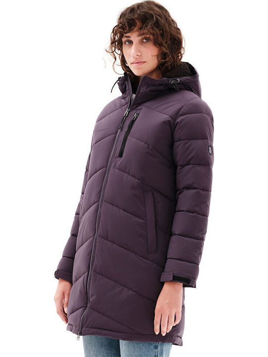 Women's Short Puffer Jacket Waterproof and Windproof for Winter with Hood Purple