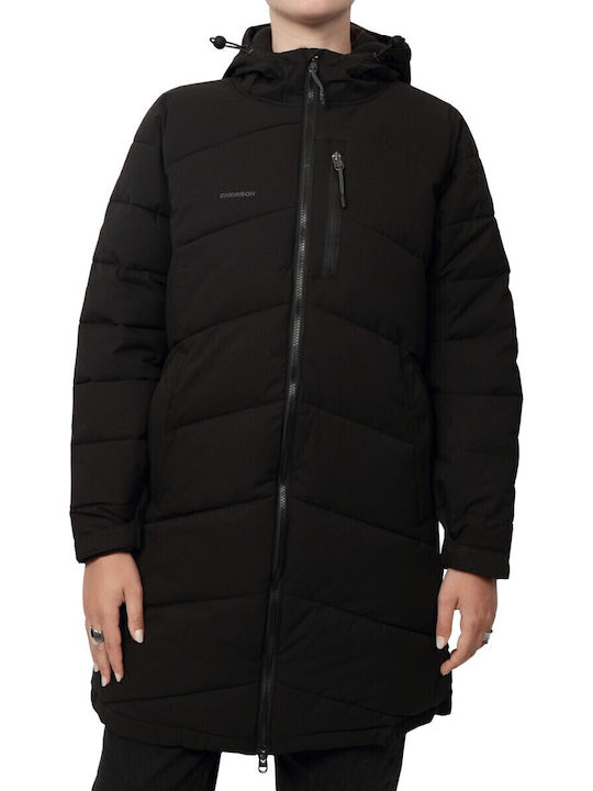 Women's Long Puffer Jacket for Spring or Autumn with Hood Black