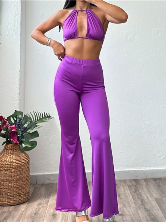 Chica Femei Violet Set cu Pantaloni Evazați