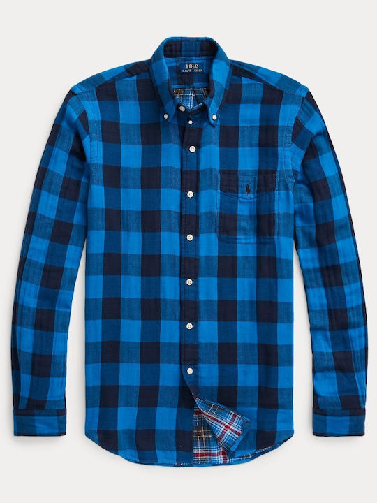 Long-sleeved Flannel Shirt Checked Blue
