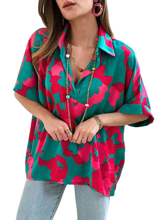 Amely Women's Summer Blouse with 3/4 Sleeve & V Neck Floral Green