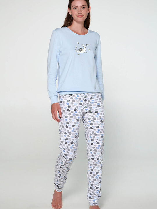 Vamp Winter Damen Pyjama-Set Baumwolle Hellblau