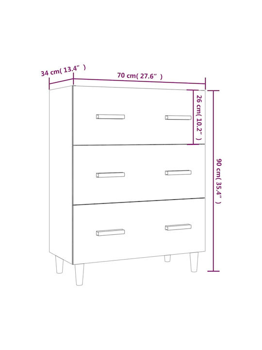 Wooden Chest of Drawers with 3 Drawers White 70x34x90cm