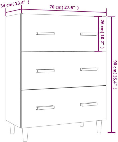 Wooden Chest of Drawers with 3 Drawers White 70x34x90cm