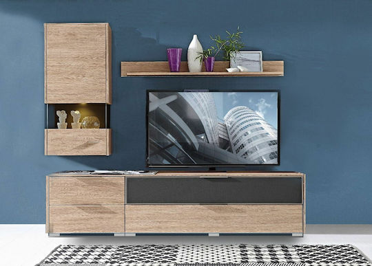 Wohnzimmer TV-Einheit Median Natural mit Vitrine & Beleuchtung L234xB51xH200cm Wohnzimmer TV-Einheit Median Natural mit Vitrine & Beleuchtung L234xB51xH200cm