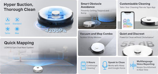 TP-LINK Tapo RV30 Aspirator Robot pentru Aspirare & Spălare cu Cartografiere și Wi-Fi Albă