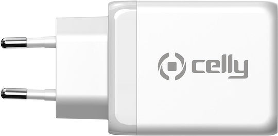 Celly Celly GaN Wireless Charger with USB-A Port and 2 USB-C Output Ports 65W Power Delivery White