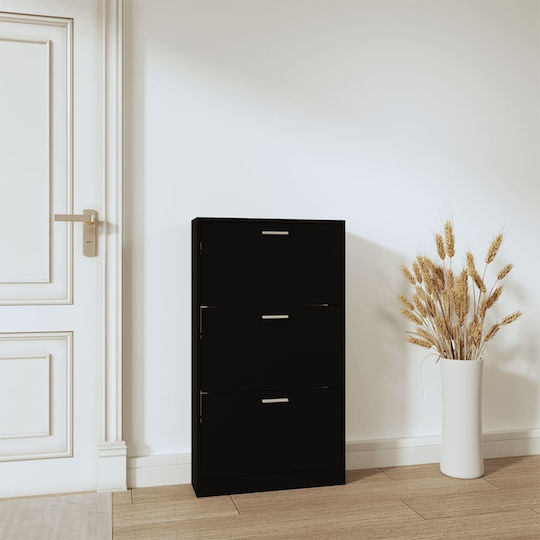 Дървен Шкаф за Обувки Черен с Накланящи се Рафтове Д59xШ17xВ108cm