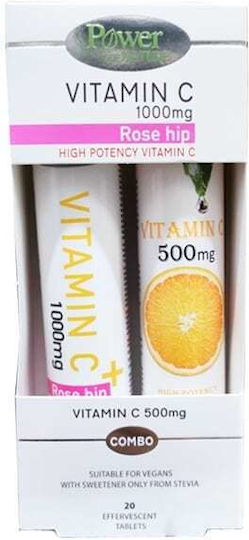 Power Of Nature Vitamin C Vitamin C 1000mg Rose Hip 20 effervescent tablets & Vitamin C 500mg 20 effervescent tablets for Immune System Boost, Skin & Antioxidant Action 1000mg Orange