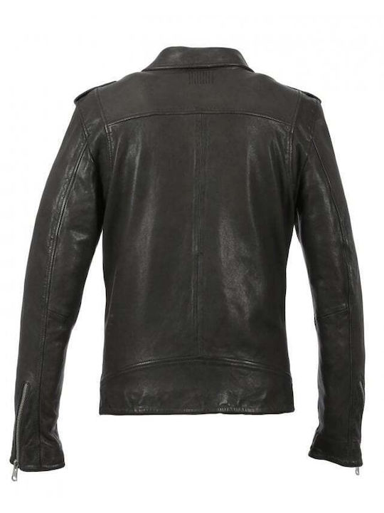 OAKWOOD LEATHER BIKER ME COLLAR AND THREE FRONT POCKETS DARK GREY 63848.DARK