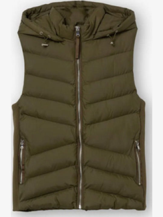Women's Short Puffer Jacket for Spring or Autumn with Hood Khaki