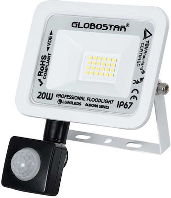 GloboStar Aurora Wasserdicht LED Flutlicht 20W Kaltweiß 6000K mit Bewegungssensor IP67
