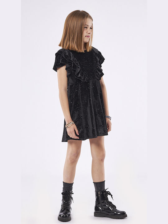 Evita Kids Dress Velvet Short Sleeve Black