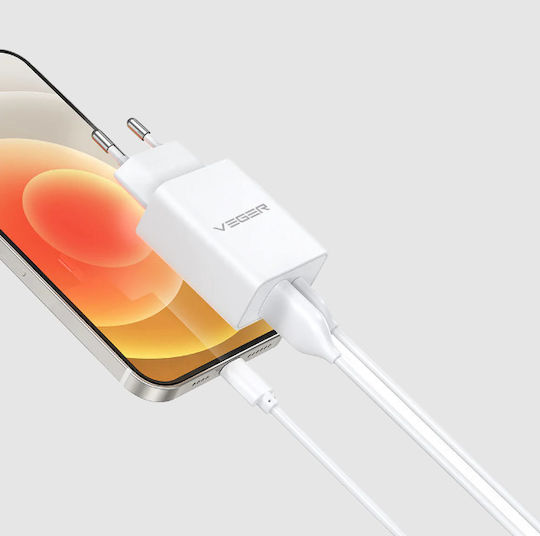 Veger Charger Without Cable with USB-A Port and USB-C Port 30W Power Delivery Quick Charge 3.0 SuperCharge White (VLS302U)