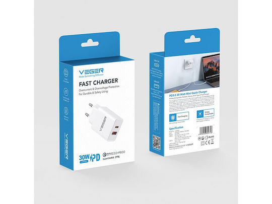 Veger Charger Without Cable with USB-A Port and USB-C Port 30W Power Delivery Quick Charge 3.0 SuperCharge White (VLS302U)