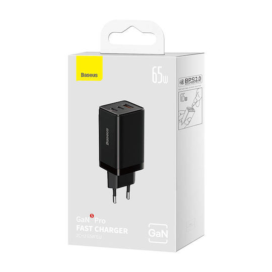 Baseus GaN Charger with USB-A Port and 2 USB-C Ports and USB-C - USB-C Cable 65W Quick Charge 3.0 Black (Gan5)