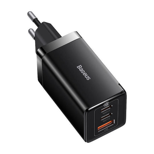 Baseus GaN Charger with USB-A Port and 2 USB-C Ports and USB-C - USB-C Cable 65W Quick Charge 3.0 Black (Gan5)