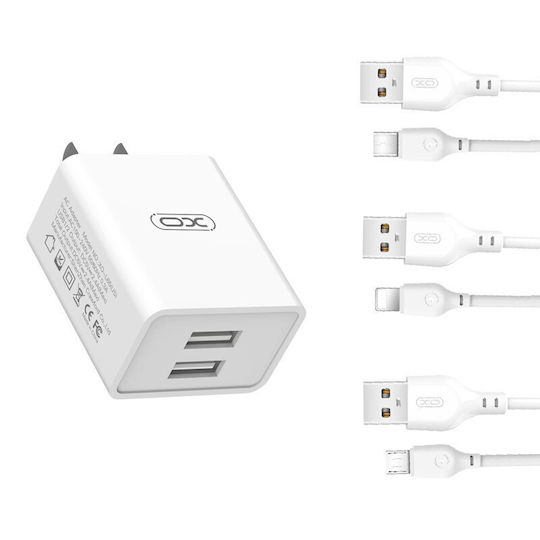XO Φορτιστής με 2 Θύρες USB-A και Καλώδιο micro USB Λευκός (L65)