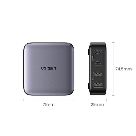 Ugreen Φορτιστής Χωρίς Καλώδιο GaN με 2 Θύρες USB-A και 2 Θύρες USB-C 65W Power Delivery / Quick Charge 4.0 Μαύρος (Nexode GaN CD327)