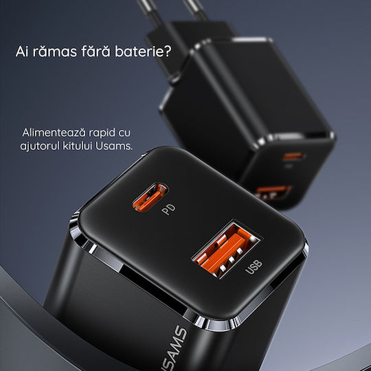 Usams Mobile Phone Charger with USB-A and USB-C Output Ports and USB-C - Lightning Cable 33W Power Delivery / Quick Charge 3.0 Black