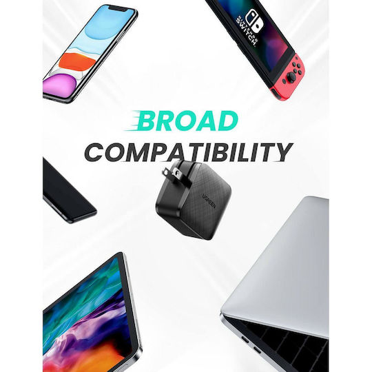 Ugreen Ladegerät ohne Kabel GaN mit USB-C Anschluss 65W Stromlieferung / Schnellaufladung 2.0 / Schnellaufladung 3.0 / Schnell-Ladung 4+ / Schnellaufladung 4.0 Schwarzs (CD217)