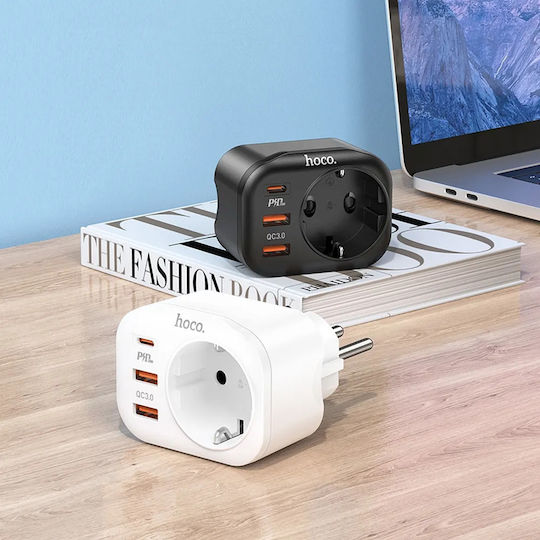 Hoco Charger Without Cable with 2 USB-A Ports and USB-C Port 20W Power Delivery / Quick Charge 3.0 Blacks (NS3)